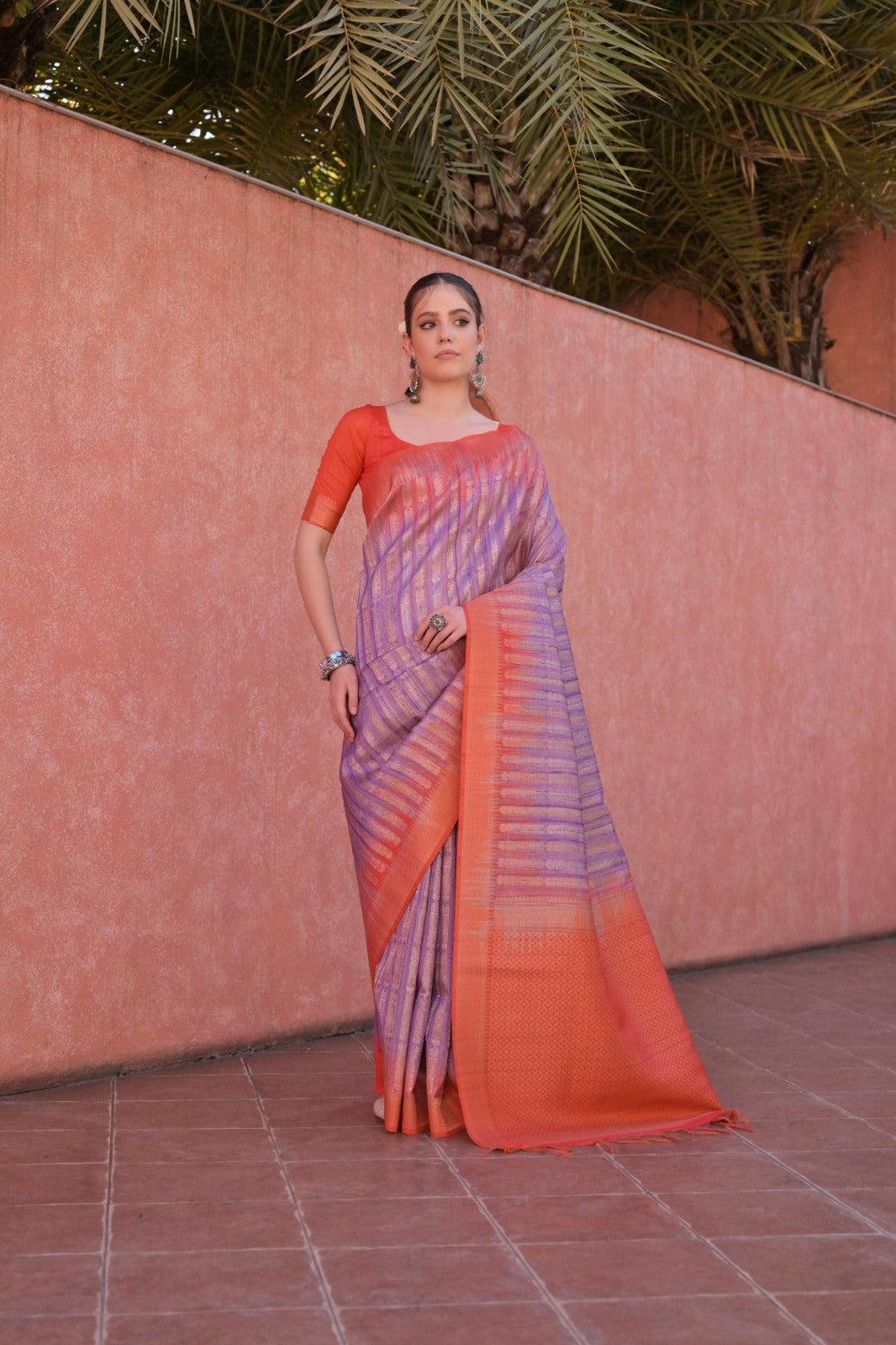 Lavender soft tussar silk saree with temple border and zari weaving work