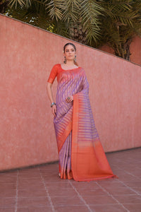 Lavender soft tussar silk saree with temple border and zari weaving work