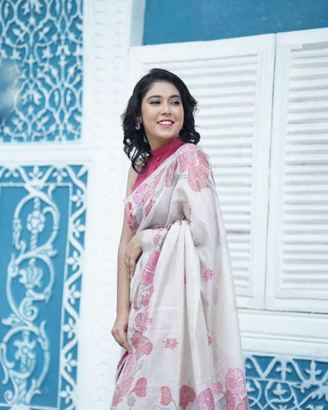 Cream soft muga cotton saree with flower weaving work