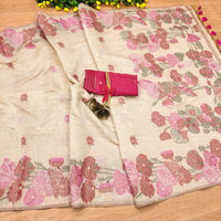 Cream soft muga cotton saree with flower weaving work