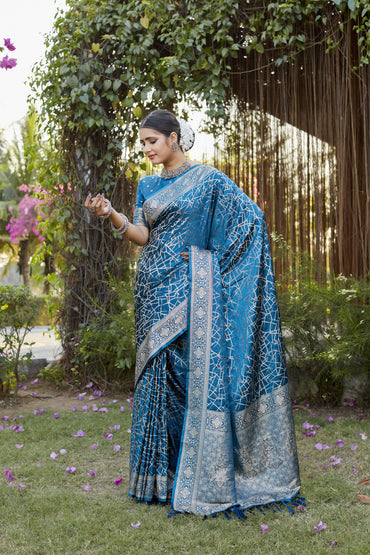 Firoji color kanjivaram soft satin silk saree with woven design