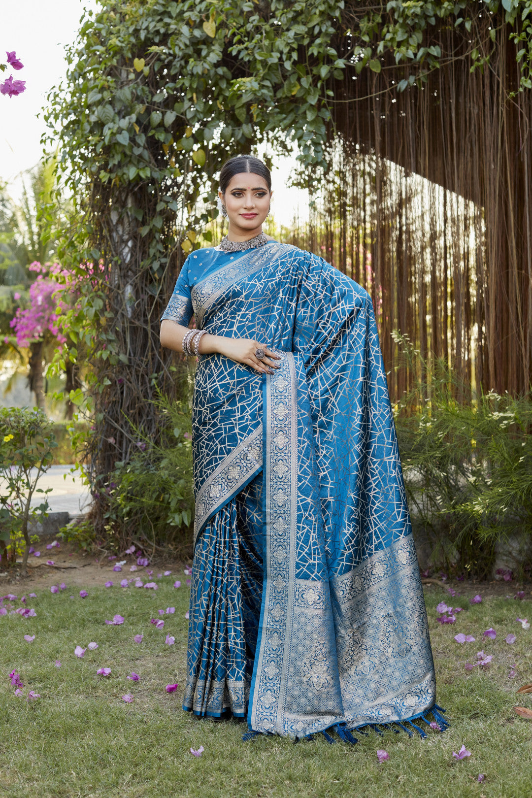 Firoji color kanjivaram soft satin silk saree with woven design