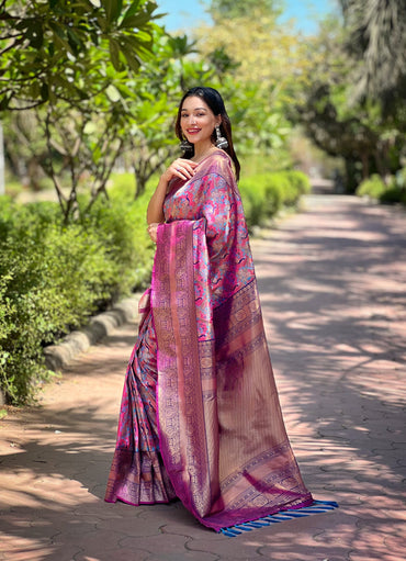 Purple color banarasi silk saree with zari weaving work