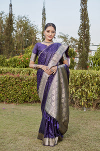 Purple kanjivaram satin silk saree with zari weaving rich pallu