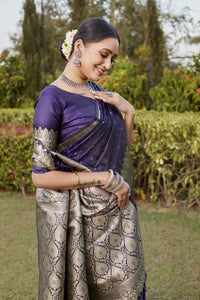 Purple kanjivaram satin silk saree with zari weaving rich pallu