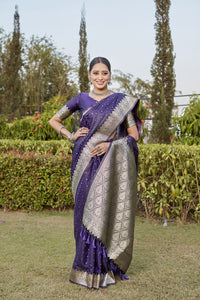 Purple kanjivaram satin silk saree with zari weaving rich pallu