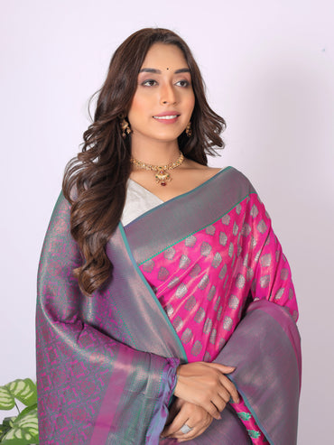 Pink color banarasi silk saree with zari weaving work