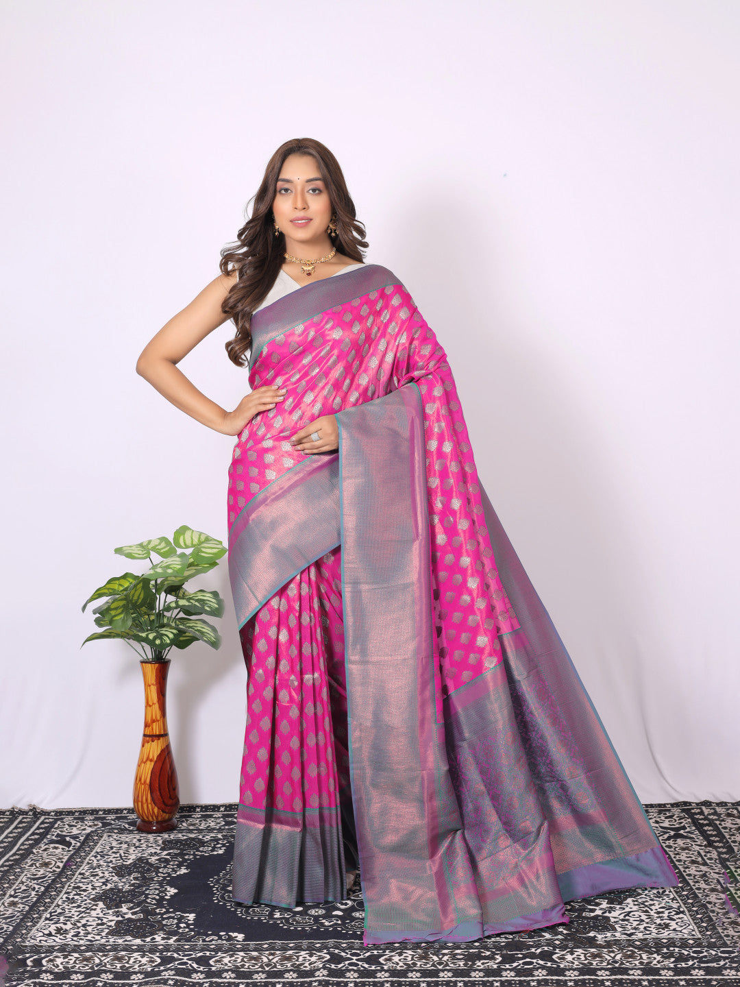 Pink color banarasi silk saree with zari weaving work