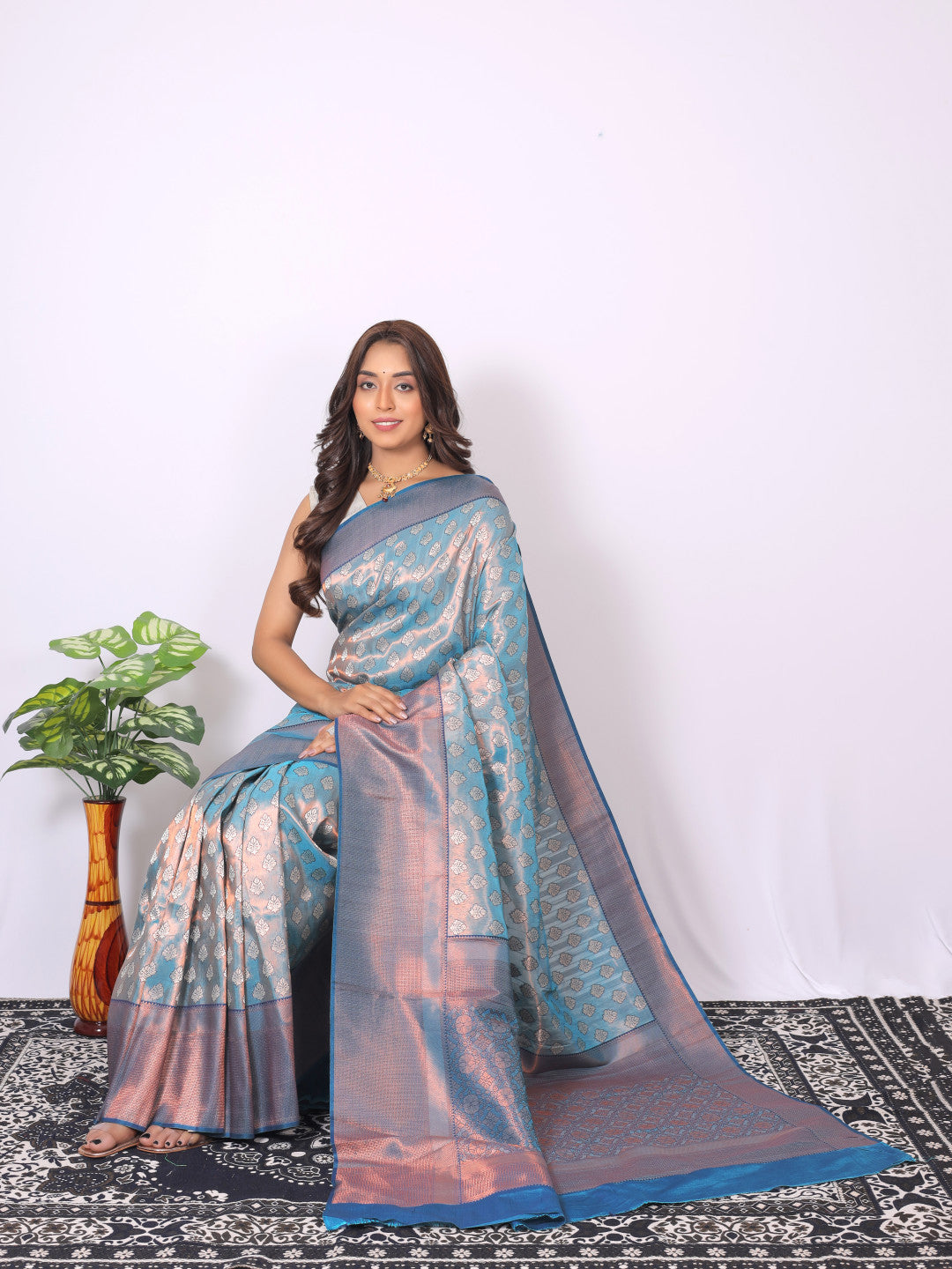 Sky blue color banarasi silk saree with zari weaving work