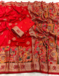 Red pashmina silk saree with meenakari zari weaving work