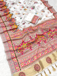 White soft rajwadi pashmina silk weaving saree with lagdi patta pallu