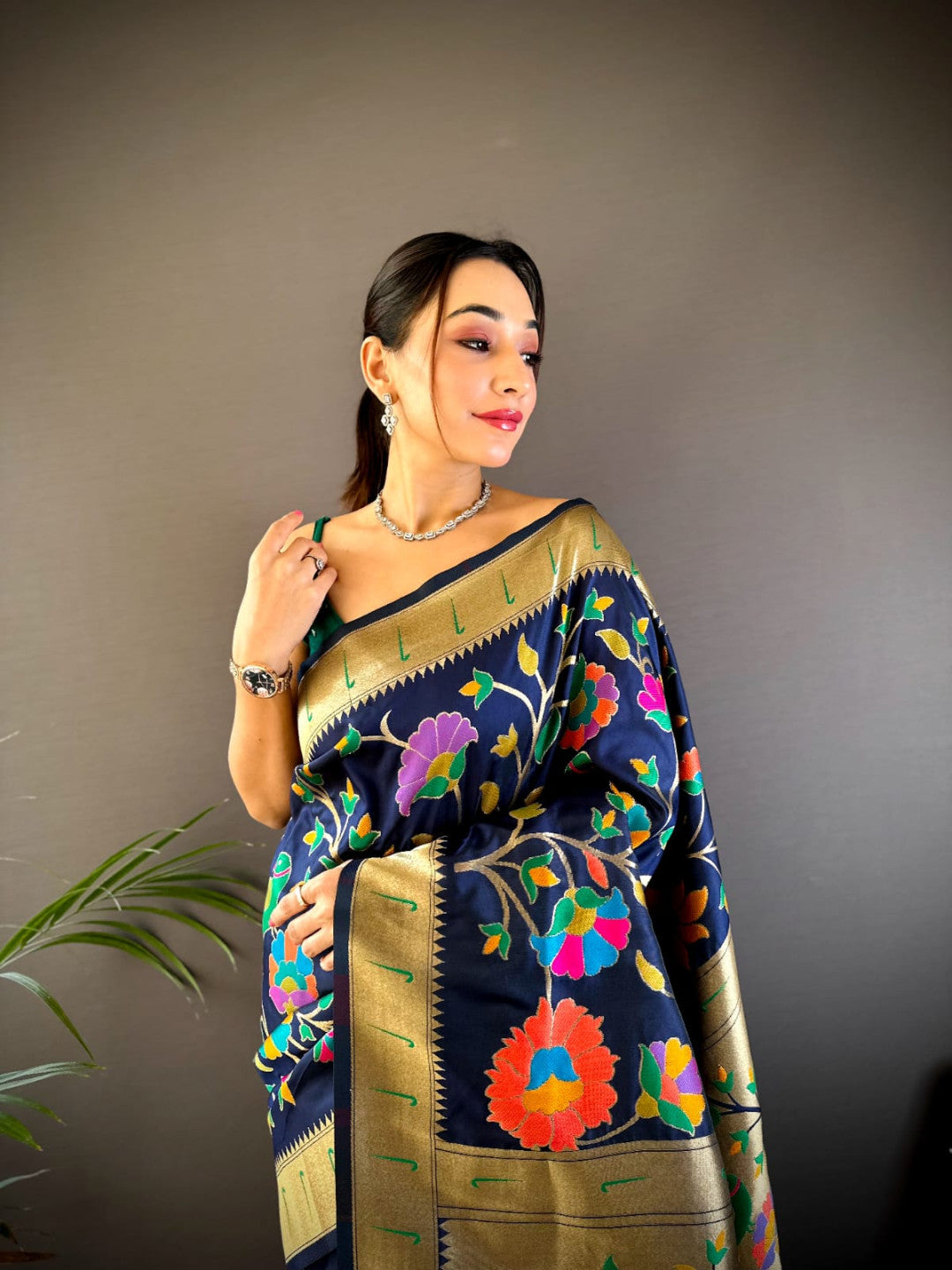 Navy blue traditional banarasi silk saree with jal meenakari zari weaving work