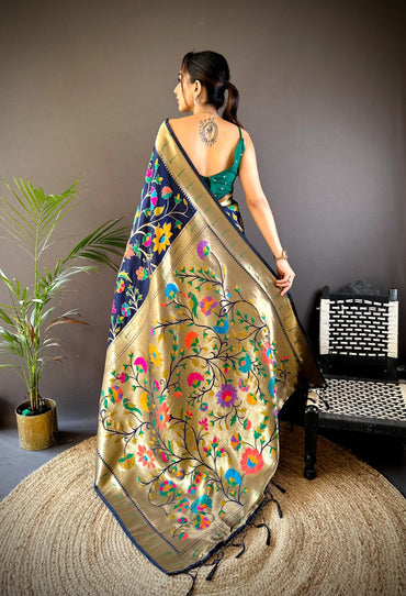Navy blue traditional banarasi silk saree with jal meenakari zari weaving work