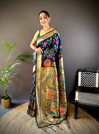 Navy blue traditional banarasi silk saree with jal meenakari zari weaving work
