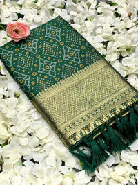 Bottle green color cotton silk saree with zari weaving work