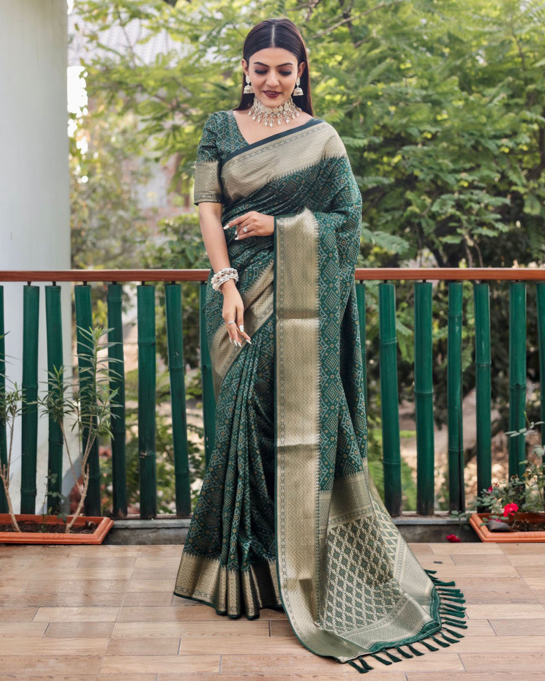 Bottle green color cotton silk saree with zari weaving work