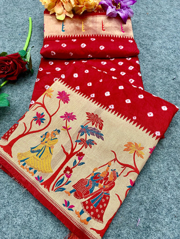 Red color bandhej silk saree with zari weaving work