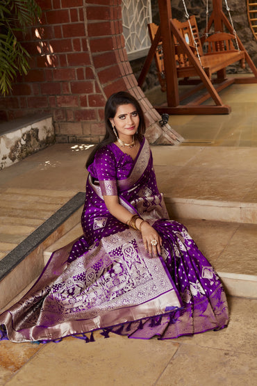 Purple kanjivaram satin silk saree with zari weaving butta & rich designer pallu