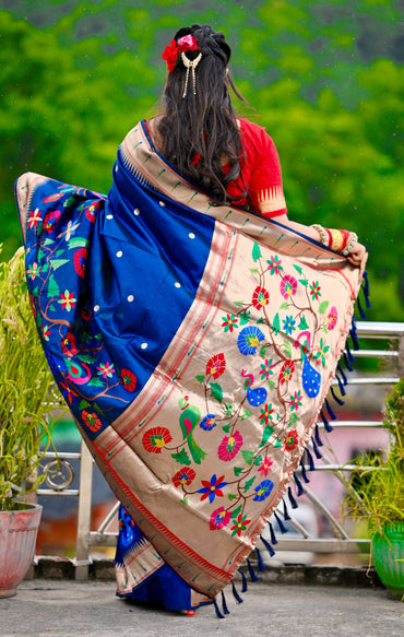 Navy blue paithani silk saree with zari weaving work