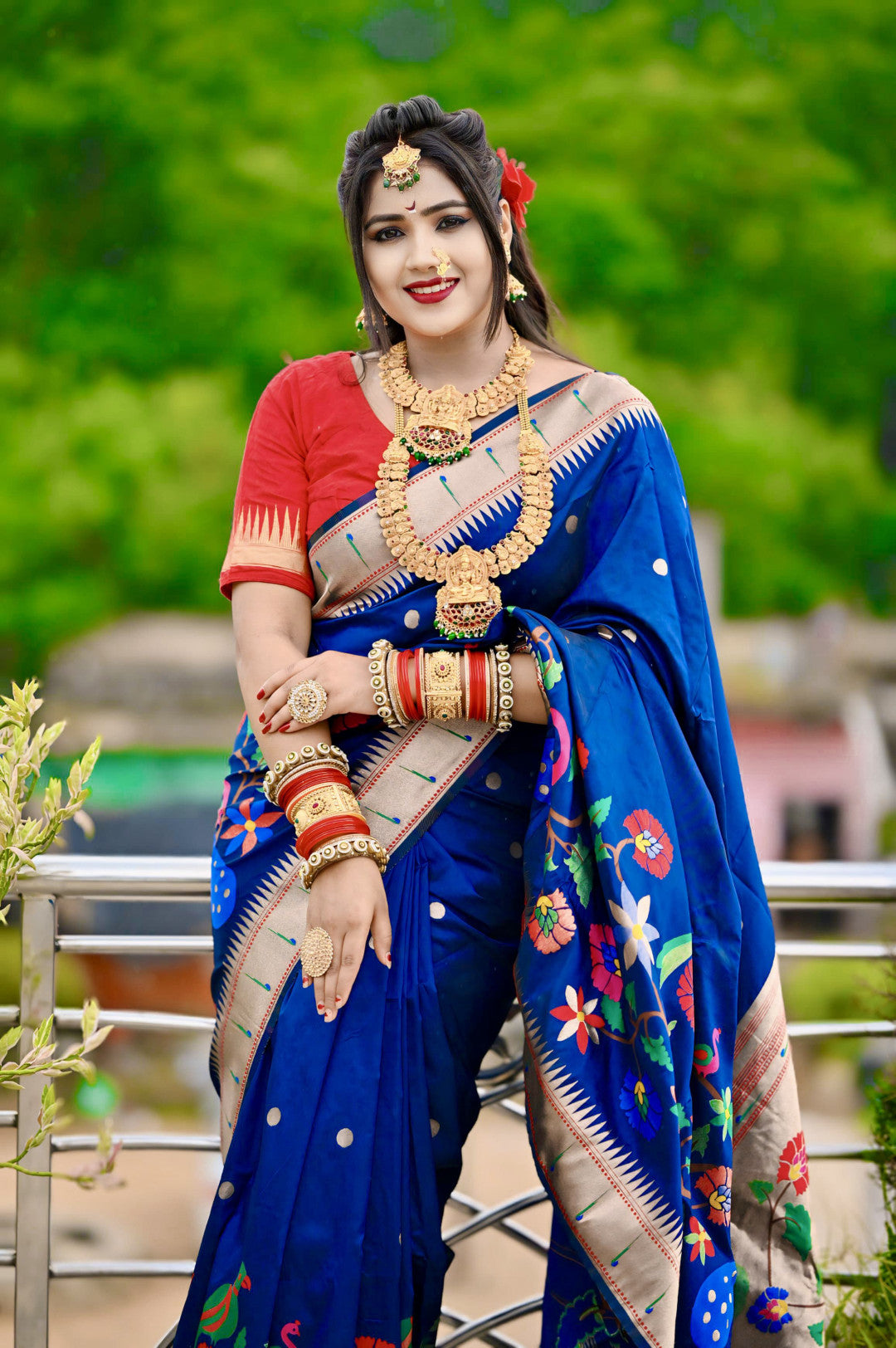 Navy blue paithani silk saree with zari weaving work