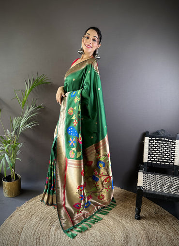Green paithani silk saree with zari weaving work