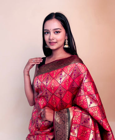 Gajari color banarasi silk saree with patola weaving work
