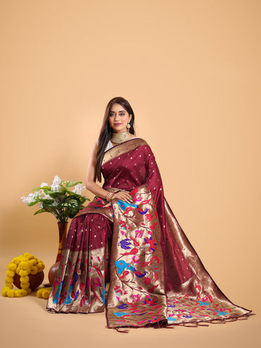 Maroon color paithani silk saree with zari weaving work