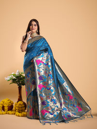 Rama green color paithani silk saree with zari weaving work