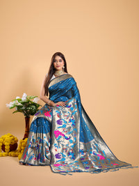 Rama green color paithani silk saree with zari weaving work