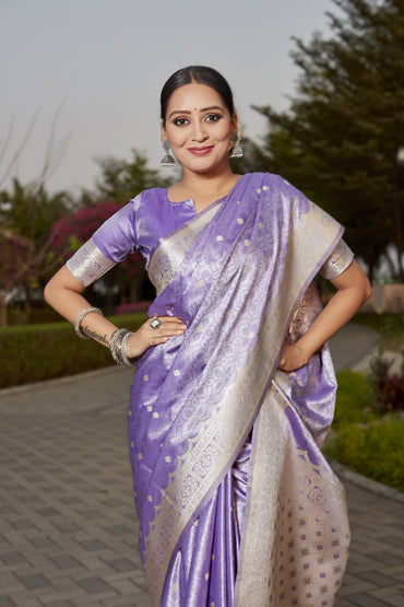 Lavender kanjivaram soft satin silk saree with weaving work