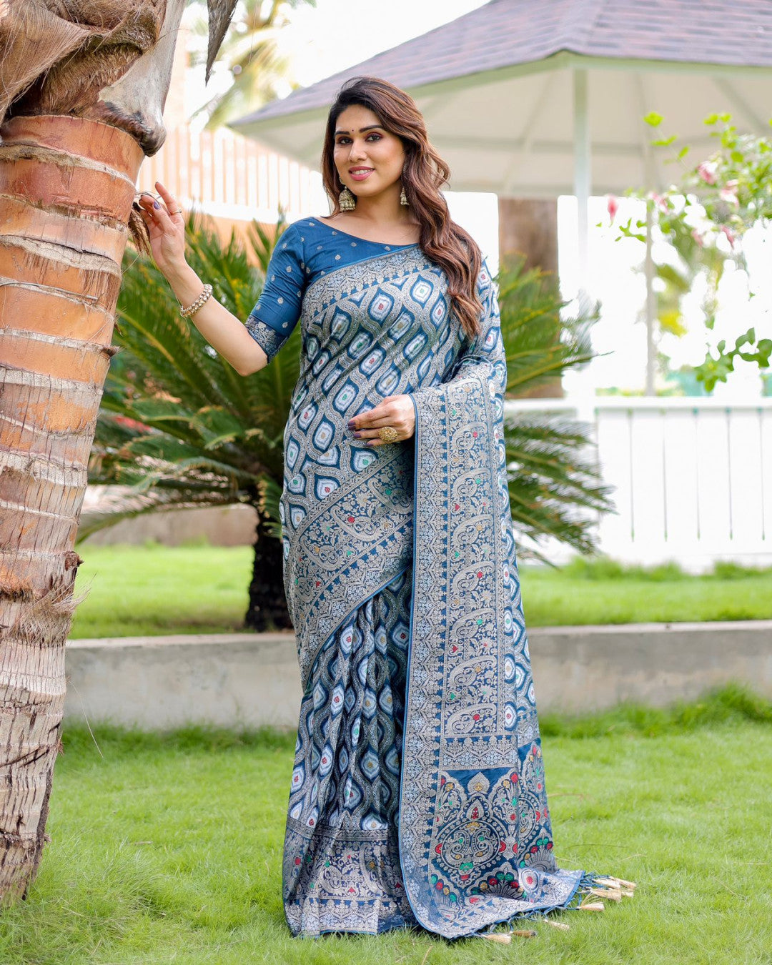 Firoji color kanjivaram silk saree with zari weaving work