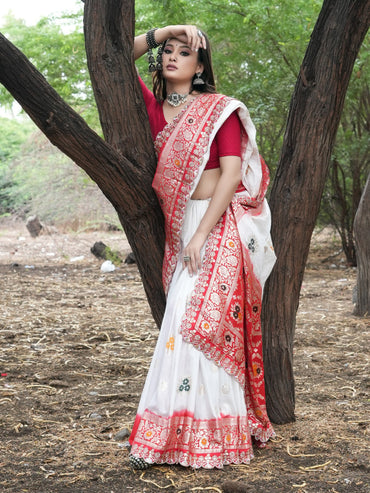 White and red muslin viscose silk saree with zari weaving work