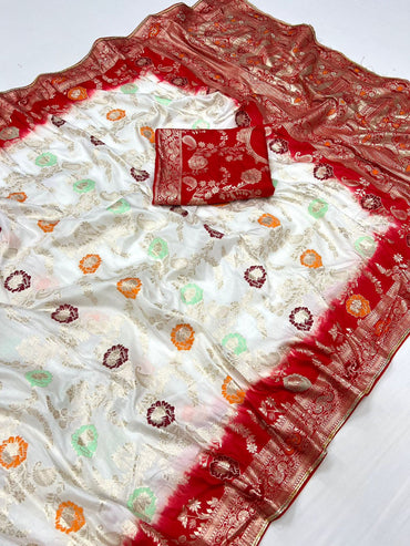White and red color dola silk saree with zari weaving work