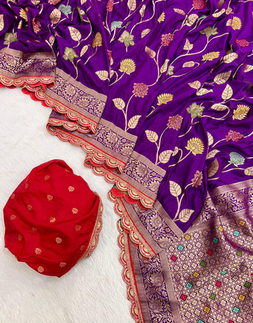 Purple viscose dola dola silk saree with zari weaving and lace border