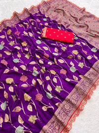 Purple viscose dola dola silk saree with zari weaving and lace border