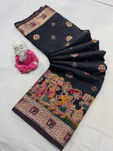 Black pashmina silk saree with meenakari zari weaving work