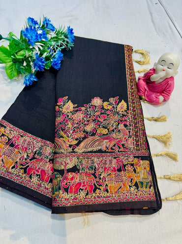 Black soft rajwadi pashmina silk weaving saree with lagdi patta pallu