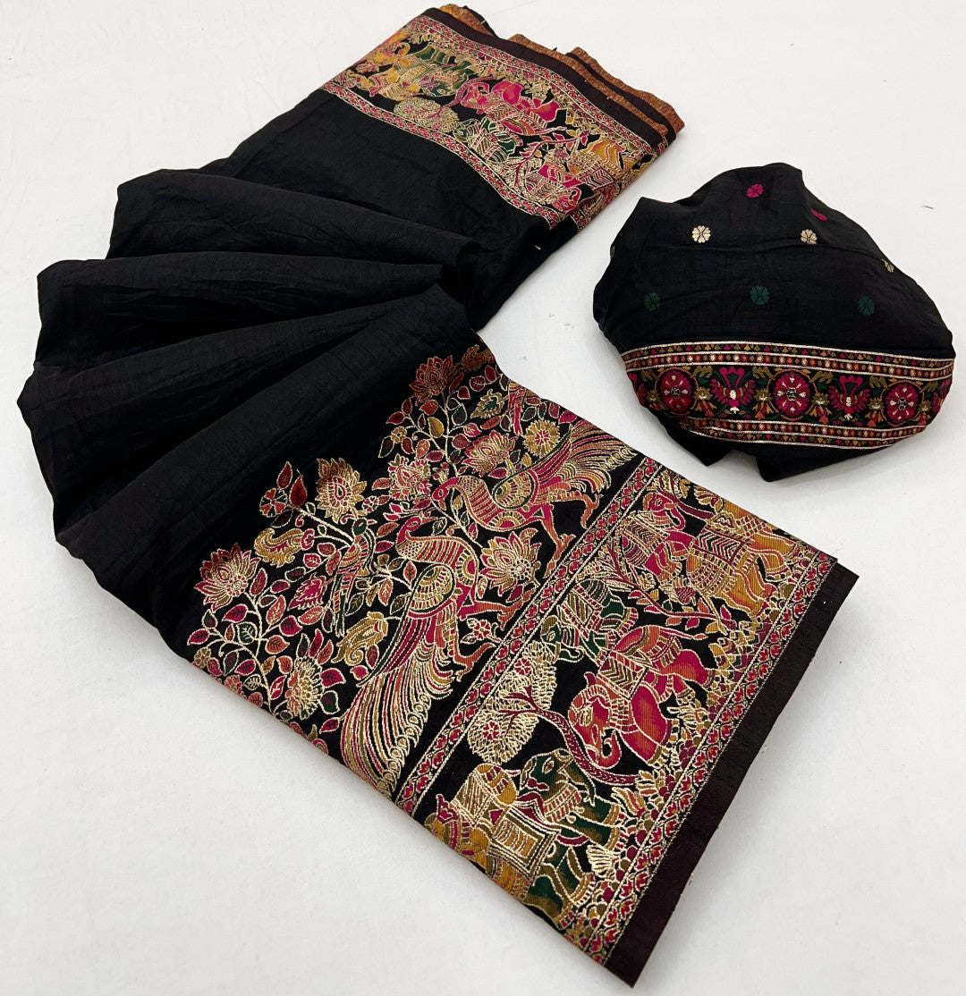 Black soft rajwadi pashmina silk weaving saree with lagdi patta pallu