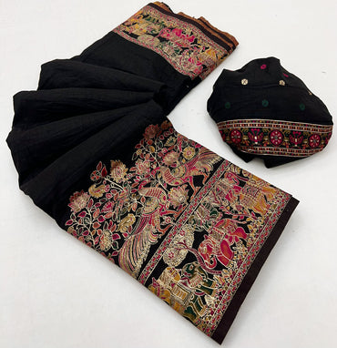 Black soft rajwadi pashmina silk weaving saree with lagdi patta pallu