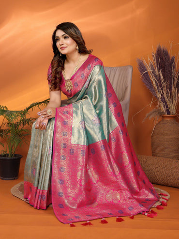 Sea green premium banarasi tissue silk saree with zari weaving work