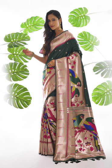 Dark green color paithani silk saree with zari weaving work