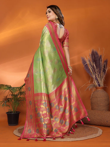 Pista green premium banarasi tissue silk saree with zari weaving work