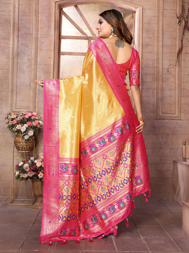 Yellow soft tissue paithani silk saree with zari weaving work