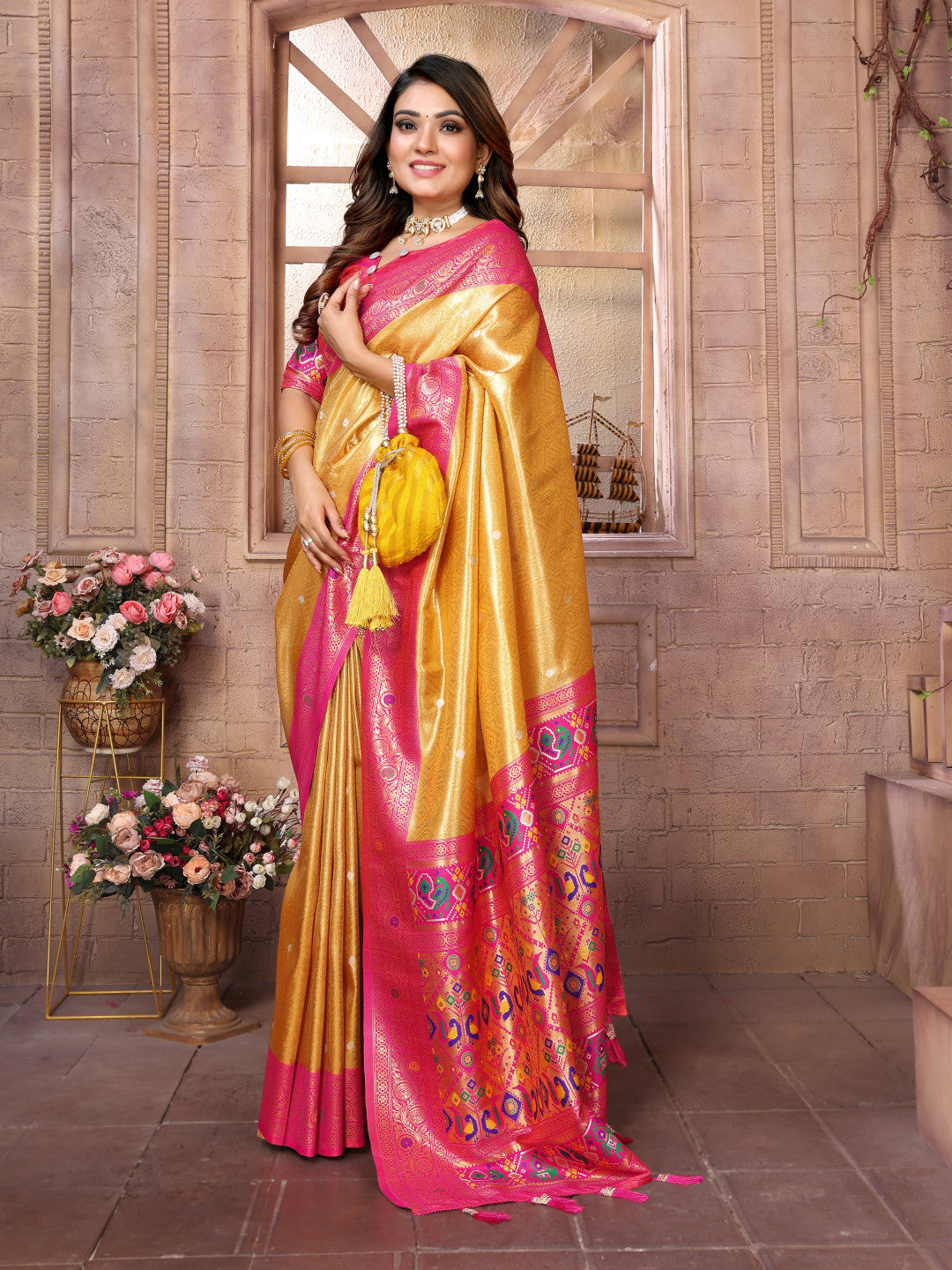 Yellow soft tissue paithani silk saree with zari weaving work