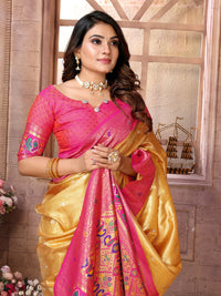 Yellow soft tissue paithani silk saree with zari weaving work
