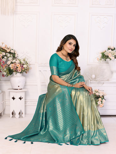Sea green banarasi tissue silk saree with zari weaving work