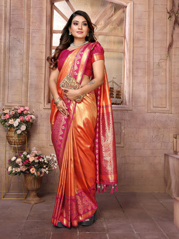 Orange kanchipuram banarasi tissue silk saree with zari weaving work