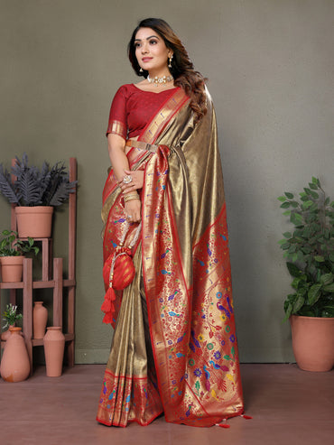 Olive green paithani tissue silk saree with zari weaving work