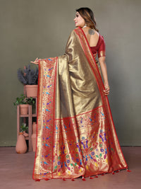 Olive green paithani tissue silk saree with zari weaving work