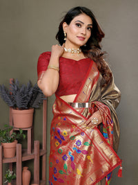Olive green paithani tissue silk saree with zari weaving work